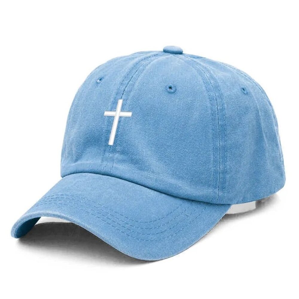 Sky Blue Cross Embroidered Christian Baseball Cap, Washed, Adjustable Hat, Jesus